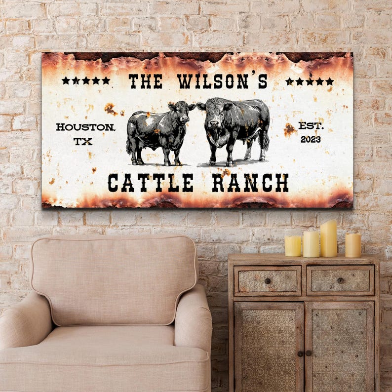 Personalized Rustic Primitive Cattle Ranch Sign.  Customize Name, Year and Location. This is displayed on a matte finish Canvas Print.  Stunning Unique Farmhouse Wall Art for Ranch home decor. #cattleranchsign #ranchdecor #personalizedsign #ranchwallart