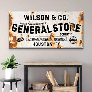 General Store Sign, Personalized Rustic Decor, Vintage Wall Art, Custom Mercantile Signage, Antique Store Sign, Name Canvas Print, Est Date White Rustic
