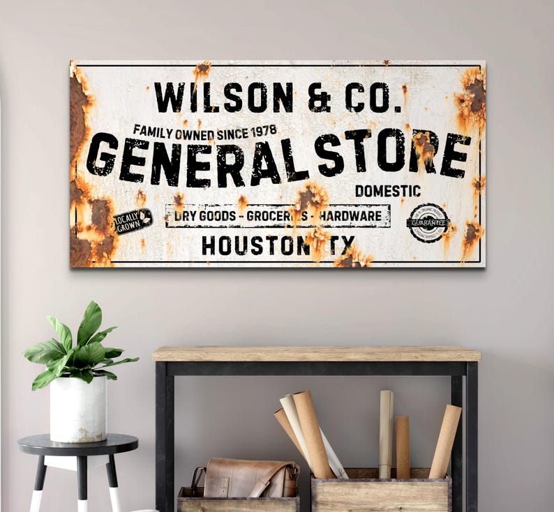 General Store Sign, Personalized Rustic Decor, Vintage Wall Art, Custom Mercantile Signage, Antique Store Sign, Name Canvas Print, Est Date White Rustic