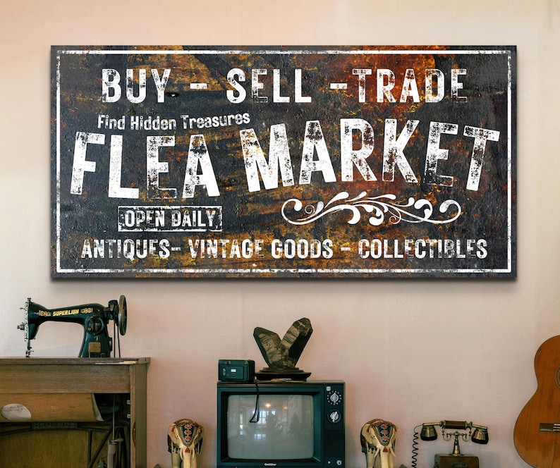 Rustic Flea Market Wall Art Sign with your Name on it.  Vintage Rusty Style Decor for your Home or Business on a high quality Canvas Print.  Makes a great Housewarming Gift.  #fleamarketsign #farmhousedecor #countrydecor #fleamarketdecor