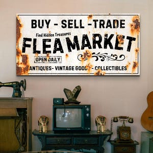 Flea Market Sign Rustic Wall Art, Farmhouse Decor Vintage Antiques Canvas Art Distressed Signage Collectibles, Home Gifts, Buy Sell Trade image 7