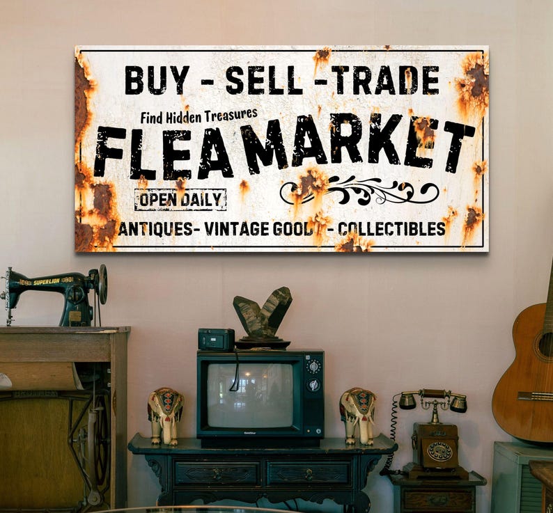 Flea Market Sign Rustic Wall Art, Farmhouse Decor Vintage Antiques Canvas Art Distressed Signage Collectibles, Home Gifts, Buy Sell Trade image 7