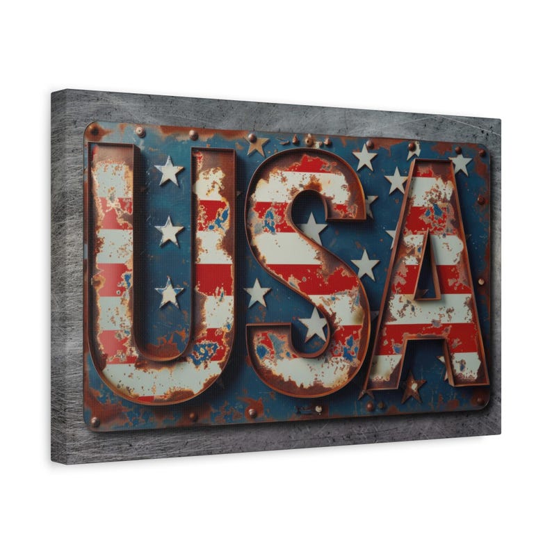 A canvas print rusty metal sign with the word "USA" in large, bold letters. The letters are painted in red, white, and blue, resembling the American flag. The sign is weathered and has a distressed look.