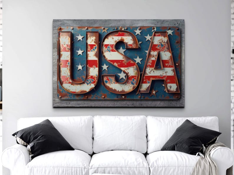 May include: A metal sign with the word "USA" in large, rusty letters. The letters are decorated with the American flag pattern in red, white, and blue.