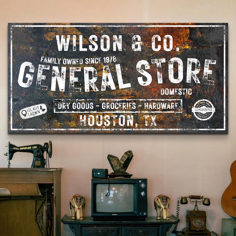Personalized Custom General Store Wall Art Sign with your Name on it.  Vintage Rustic Style Decor for your Home or Business on a high quality Canvas Print.  Makes a great Housewarming Gift.  #generalstoresign #farmhousedecor #countrydecor #personalizedsigns