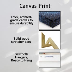 May include: Canvas print with a blue and white abstract design. The print is mounted on a solid wood stretcher frame with sawtooth hangers for easy hanging.