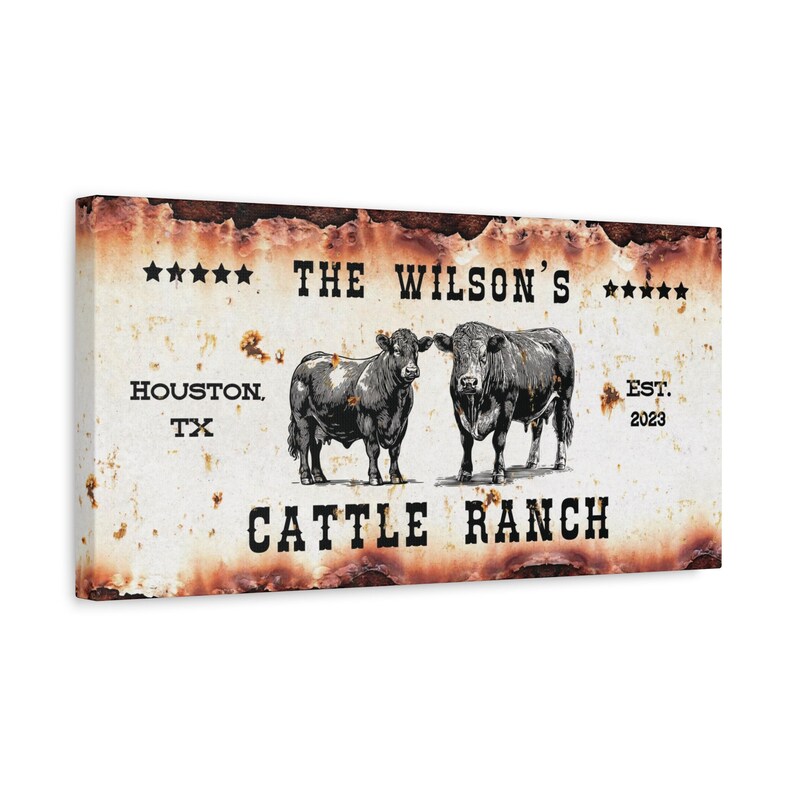 Cattle Ranch Signs, Rustic Personalized Ranch Wall Art Decor, Modern Farmhouse, Custom Western Cowboy Gifts, Cow Canvas Artwork, Family Name image 4