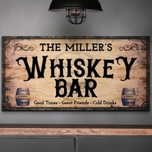 Whiskey Bar Sign, Personalized Bar Decor, Custom Rustic Pub Wall Art, Man Cave Gifts for Him Distressed Canvas Print Customized Basement Bar