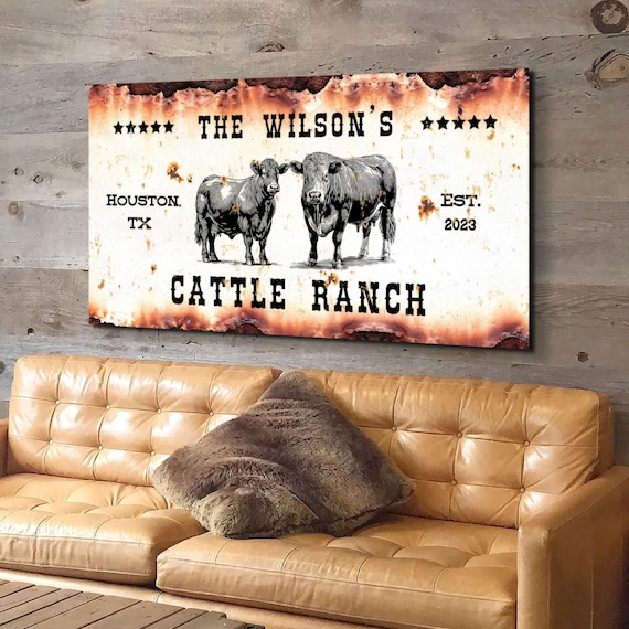 Cattle Ranch Signs, Rustic Personalized Ranch Wall Art Decor, Modern Farmhouse, Custom Western Cowboy Gifts, Cow Canvas Artwork, Family Name
