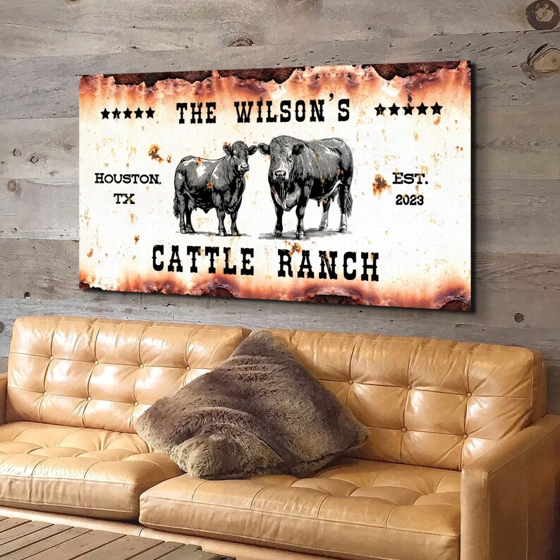 Rustic Cattle Ranch Sign for Home Decor.  Personalized Western Decorations makes a great Cowboy Gifts or Housewarming Gift.  Farmhouse Country Rusty Wall Art with Cows.  Custom Personalized Cattle Ranch Sign. #cattleranchsign #cattledecor #cowsign