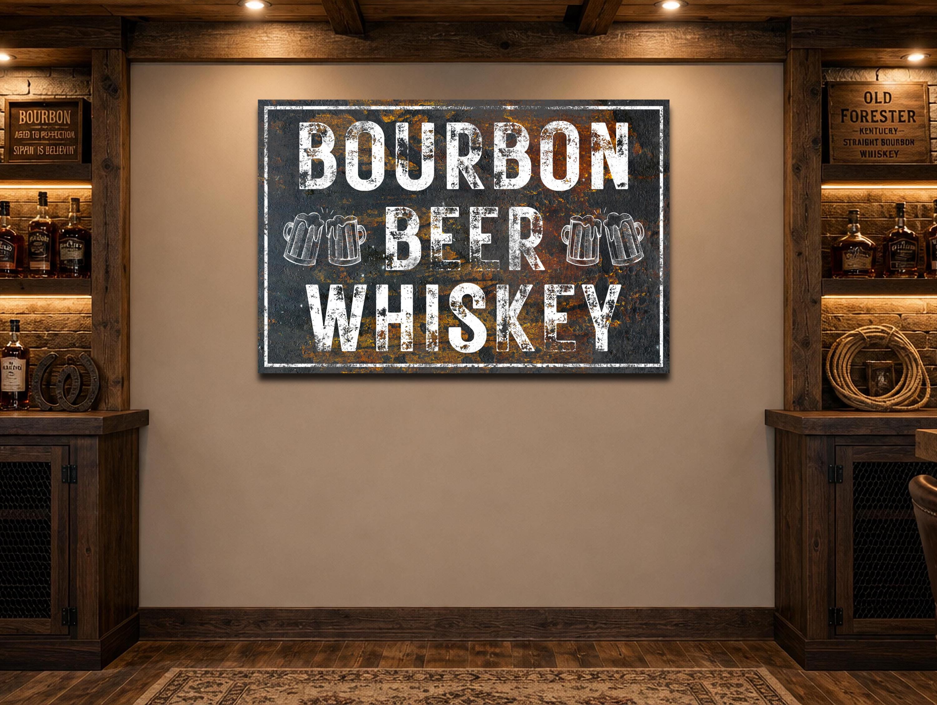 Bourbon Beer Whiskey Sign, Bar Wall Art, Rustic Pub Decor, Vintage Man Cave Canvas Artwork, Gifts for Him Men, Farmhouse Basement Bar Decor