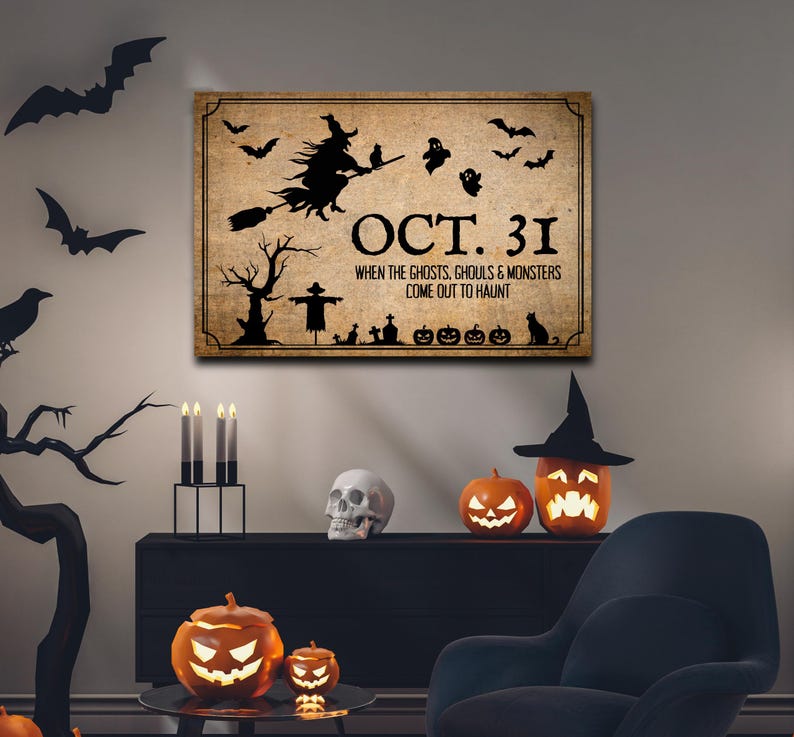 Vintage Primitive Halloween Canvas Wall Art – October 31 Witch Decor

Bring the nostalgic charm of old-fashioned Halloween into your home with this Vintage Primitive Halloween Canvas Print featuring a classic October 31 design. Inspired by antique Halloween postcards and primitive folk art, this rustic wall décor showcases a flying witch, black cat, ghosts, bats, pumpkins, cemetery, scarecrow, and haunted tree on an aged parchment background.