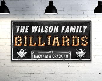 Billiards Sign, Personalized Pool Hall Wall Art, Custom Marquee Game Room Decor, Basement Man Cave Gifts Him Men, Rustic Name Canvas Print