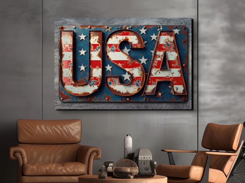 May include: A vintage-style metal sign with the word "USA" in large, bold letters. The letters are painted in red, white, and blue, resembling the American flag. The sign is weathered and rusty, giving it a distressed look.