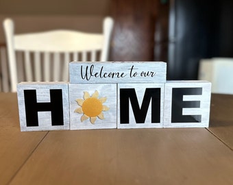 Reversible Home Block Sign: Distressed Wood, Interchangeable Decor
