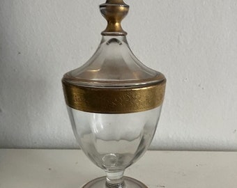 Pot en verre d'apothicaire vintage de 23 cm avec bordure dorée avec couvercle