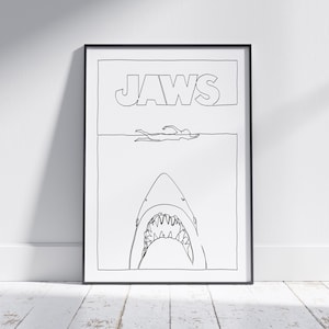 Jaws movie poster in minimalist line art style - 6 high resolution sizes for download