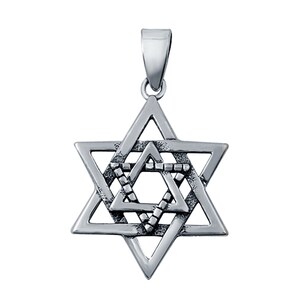 May include: A silver Star of David pendant with a detailed, intricate design. The pendant is made of sterling silver and has a polished finish.