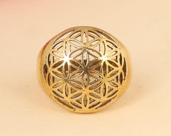 Könnte beinhalten: Ein goldfarbener Ring mit einem detaillierten, durchbrochenen Design, das das Flower-of-Life-Muster zeigt. Der Ring hat eine abgerundete Form und eine polierte Oberfläche. Der Hintergrund ist eine weiche, neutrale Farbe, mit einem Hauch von rosa Blume oben links.