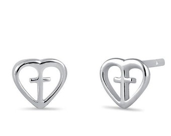 Sterling Silver Cross Heart Stud Earrings, Christian Jewelry