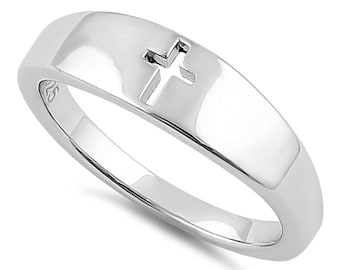 Anello con croce in argento - Anello con croce in argento sterling Anello con croce in argento sterling - Fascia con croce in argento - Fascia con croce - Gioielli cristiani - Anello con fede in Gesù Cristo