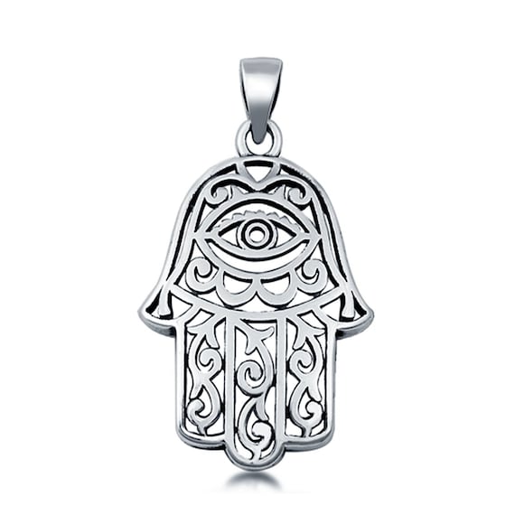 Men's Sterling Silver Evil Eye Hamsa Hand Pendant With CZ Stones - Icy Bling, 1.6" Size, 925 Stamp