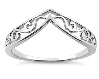 Thin Filigree V Shape Ring- Filigree wave V-Shaped Ring- Solid 925 Sterling Silver Vine Ring- Womens Ring- Trendy- Minimalist, Gift For Her