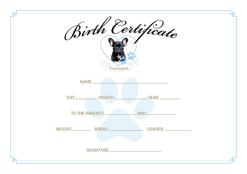 French Bulldog Puppy Birth Certificate Printable Breeder Birth Form