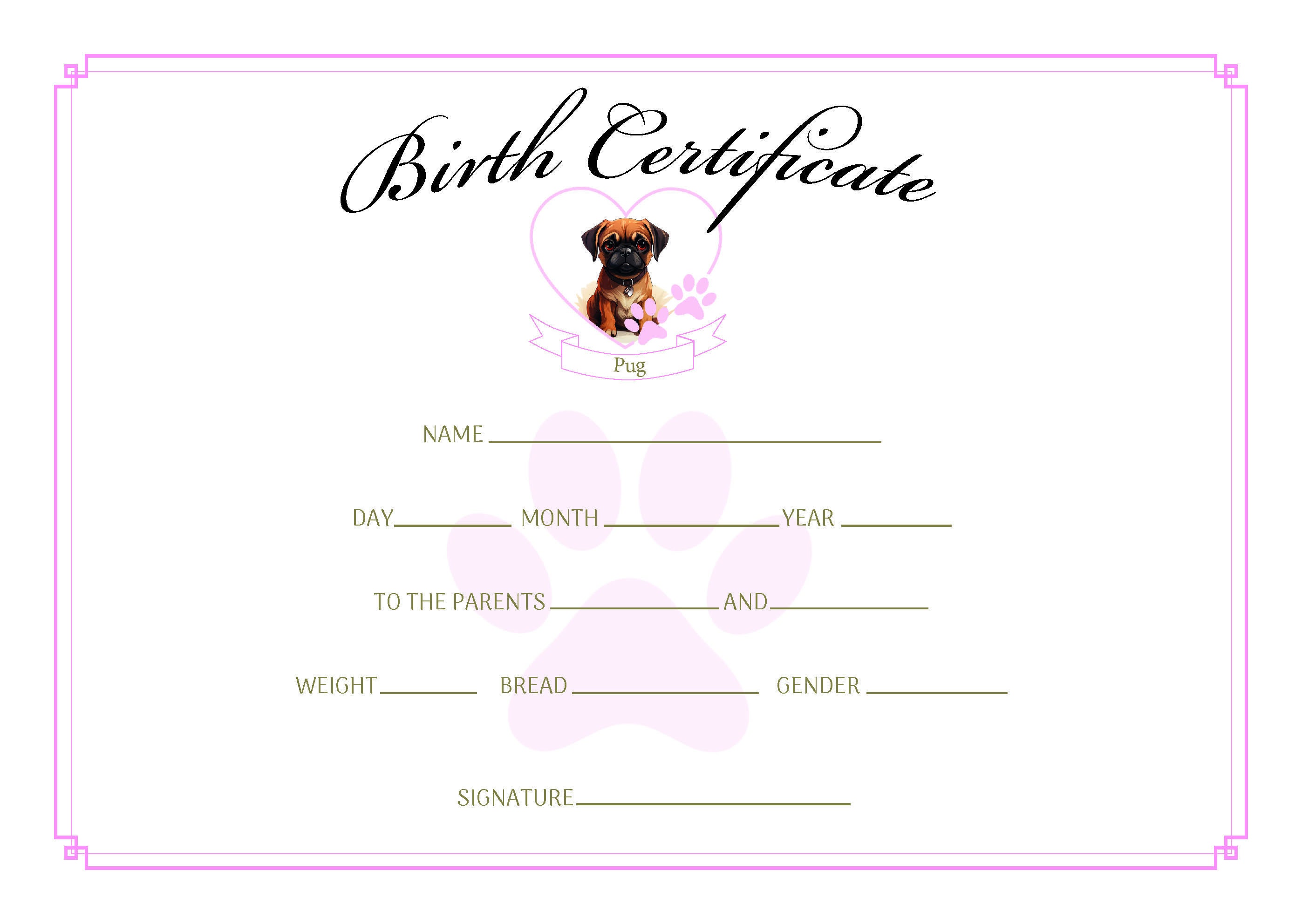 Pug Puppy Birth Certificate Printable, Breeder Birth Form, Print ...