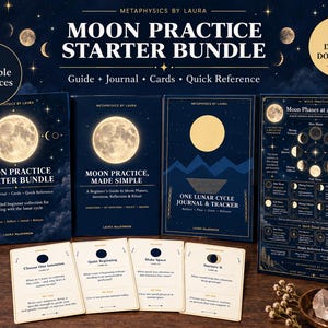 May include: A digital download Moon Practice Starter Bundle featuring a guide, journal, cards, and quick reference sheet. The dark blue materials display moon illustrations, text including Moon Practice Made Simple, and lunar cycle diagrams.