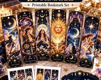 Tarot-inspirierte Lesezeichen zum Ausdrucken | 6 wunderschöne Lesezeichen | Himmlisches Geschenk für Bücherliebhaber | Sofortiger PDF-Download | Lesezeichen-Set zum Selbermachen