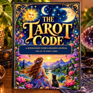 May include: A hardcover book titled The Tarot Code: A Quick-Start Guide & Reading Journal for All 78 Tarot Cards. The cover features a vibrant illustration of a person and a cat overlooking a mountain landscape with a sun and moon in the sky.