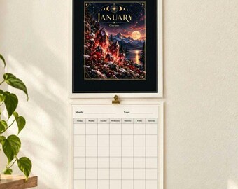 Celestial Crystal Printable Calendar | Undated Sunday Start | 12 Monthly Crystal Illustrations | US Letter PDF