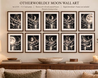 Moon Phase Wall Art Set of 5 | Black and White Celestial Prints | Lunar Phase Decor | Mystical Mountain Art | Digital Download