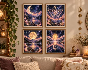 Himmlisches Wandbild-Set (4-teilig) | Mond- und Mondfalter-Motive | Mystische Boho-Dekoration | Quadratische Kunstdrucke zum Ausdrucken | Digitaler Download