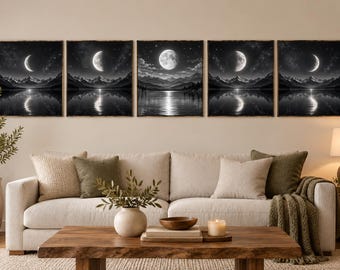 Mondphasen-Wandbilder-Set (5-teilig) | Himmelsmotive in Schwarz-Weiß | Dekoration mit Mondphasenmotiven | Mystische Bergkunst | Digitaler Download
