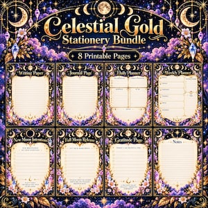 May include: A Celestial Gold Stationery Bundle featuring 8 printable pages with a dark purple and gold celestial theme. Each page includes moon phases, crystals, and floral accents. The text includes Celestial Gold Stationery Bundle and 8 Printable Pages.