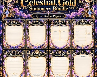 Himmlisches Gold – Druckbares Briefpapier-Set | Mond- und Kristall-Tagebuchseiten | Planer-Vorlagen | Mystischer digitaler Download
