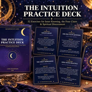 May include: A deck of cards titled The Intuition Practice Deck, 52 Exercises for Inner Knowing, the Four Clairs & Spiritual Discernment by Laura Mackinnon. The box and cards feature a dark blue background with gold crescent moon and star designs.