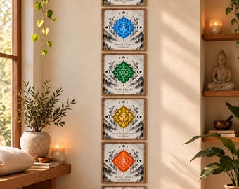 7-Chakra-Wandbild-Set | Quadratische Chakra-Drucke | Meditationsdekoration von der Krone bis zur Wurzel | Spirituelle Yoga-Raumdekoration | Digitaler PDF-Download