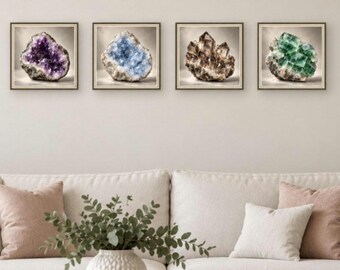 Kristall-Wandbild-Set (4-teilig) | Amethyst, Celestit, Rauchquarz, Fluorit | Moderne Geoden-Drucke | Quadratischer digitaler Download