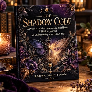 May include: A hardback book titled The Shadow Code: A Practical Guide, Interactive Workbook & Shadow Journal for Understanding Your Hidden Self by Laura MacKinnon, featuring a dark purple and gold butterfly illustration with floral accents.