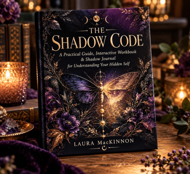 Peut inclure: Un livre &agrave; couverture rigide intitul&eacute; The Shadow Code: A Practical Guide, Interactive Workbook & Shadow Journal for Understanding Your Hidden Self par Laura MacKinnon, orn&eacute; d'une illustration de papillon violet et dor&eacute; avec des motifs floraux.