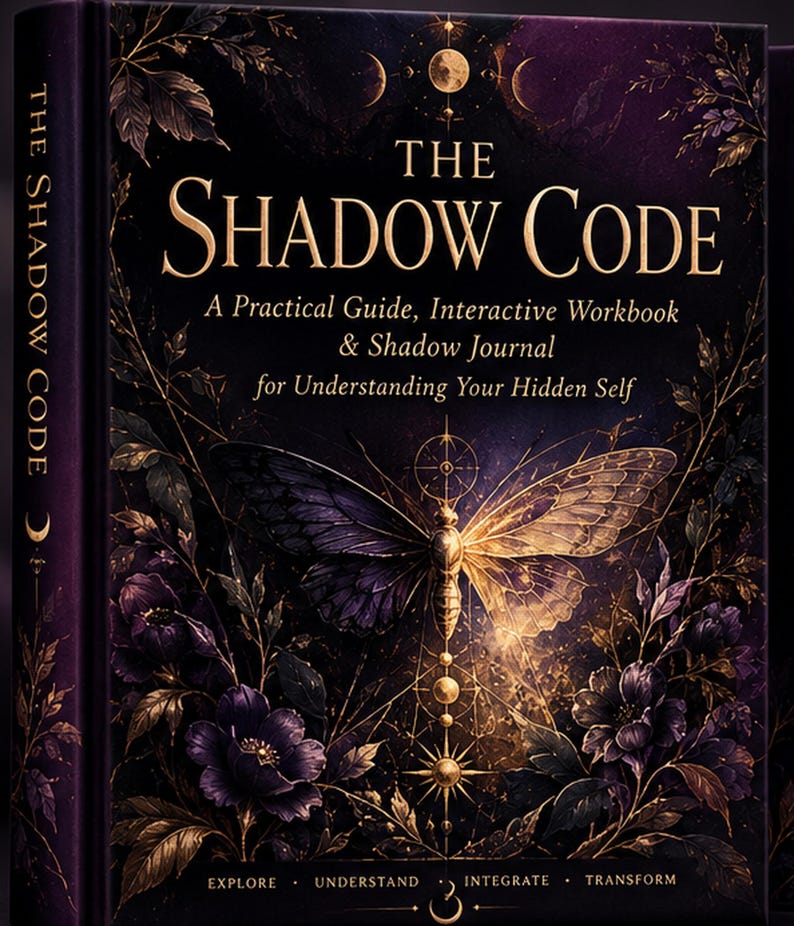Peut inclure: Un livre &agrave; couverture rigide violet fonc&eacute; intitul&eacute; The Shadow Code: A Practical Guide, Interactive Workbook & Shadow Journal for Understanding Your Hidden Self. La couverture pr&eacute;sente un papillon central, des symboles c&eacute;lestes et des motifs floraux dor&eacute;s.