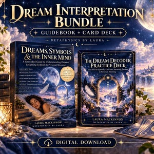 May include: A Dream Interpretation Bundle featuring a guidebook titled Dreams, Symbols & The Inner Mind and a Dream Decoder Practice Deck. The set includes 52 cards, text, and celestial imagery of moons, arches, and castles in deep blue and gold tones.