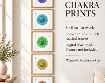 Chakra Wall Art Set of 7 | 8x8 Printable Lotus Art | Jewel Colours & Gold Accents | Digital Download