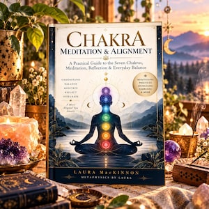 Peut inclure: Un livre relié intitulé Chakra Meditation & Alignment par Laura MacKinnon. La couverture présente la silhouette d'une personne en position de méditation assise avec sept symboles de chakra colorés et lumineux alignés le long de la colonne vertébrale.