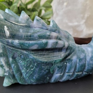 Moss Agate Dragon Head, With Druzy, Extra Large, Natural Crystal Rock Stone