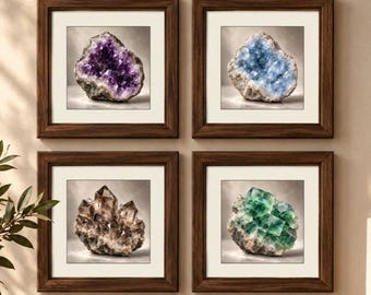 Crystal Wall Art Set of 4 | 6x6 Printable Crystal-Inspired Art | Neutral Mineral Decor | Digital Download