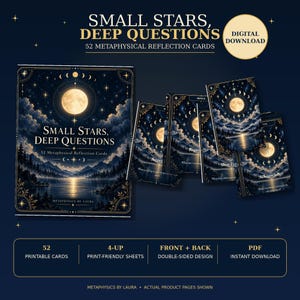 May include: A set of 52 metaphysical reflection cards titled Small Stars, Deep Questions. The cards feature a dark blue night sky with a full moon, clouds, mountains, and a lake. Text includes 52 Metaphysical Reflection Cards and Metaphysics by Laura.